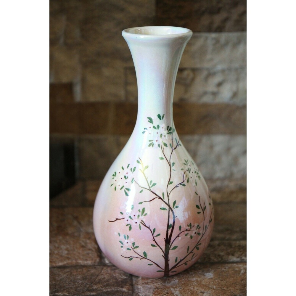 Vintage Italian Porcelain Vase Hand Painted Pearl Gloss Finish, Crackle, 10"